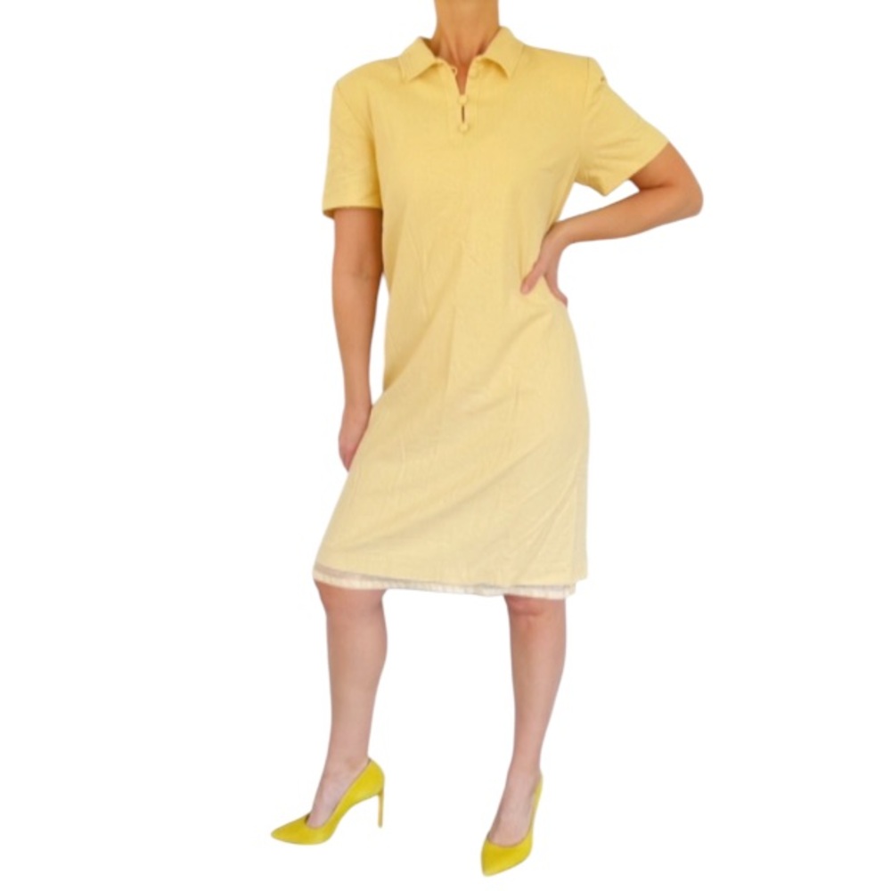 Vintage Shomi silk pale yellow collared button neck polo shift dress size 12